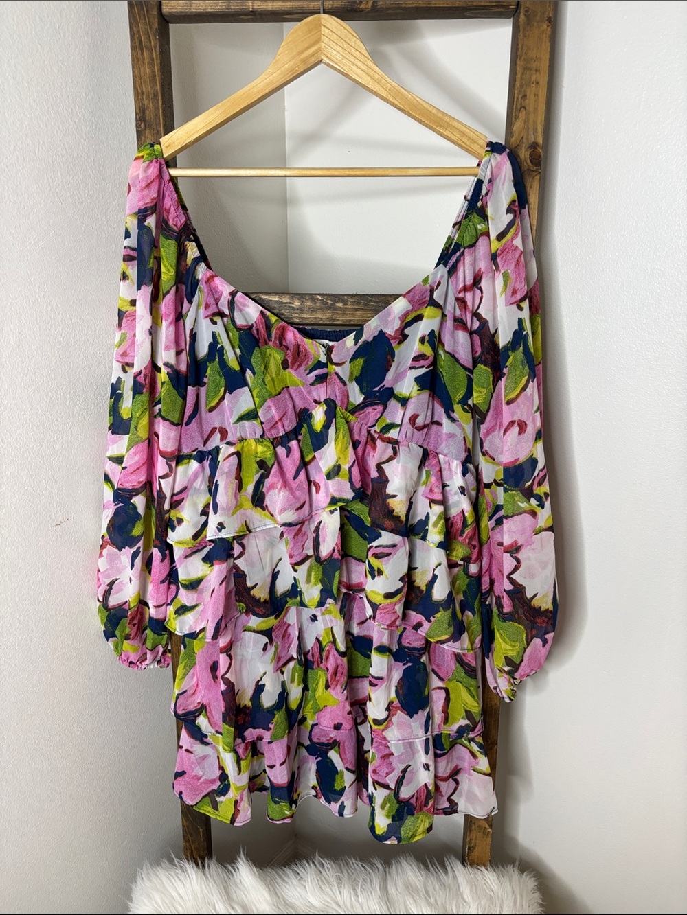 Abercrombie & Fitch Pink Green Navy Floral Off-Shoulder Tiered Dress Size L
